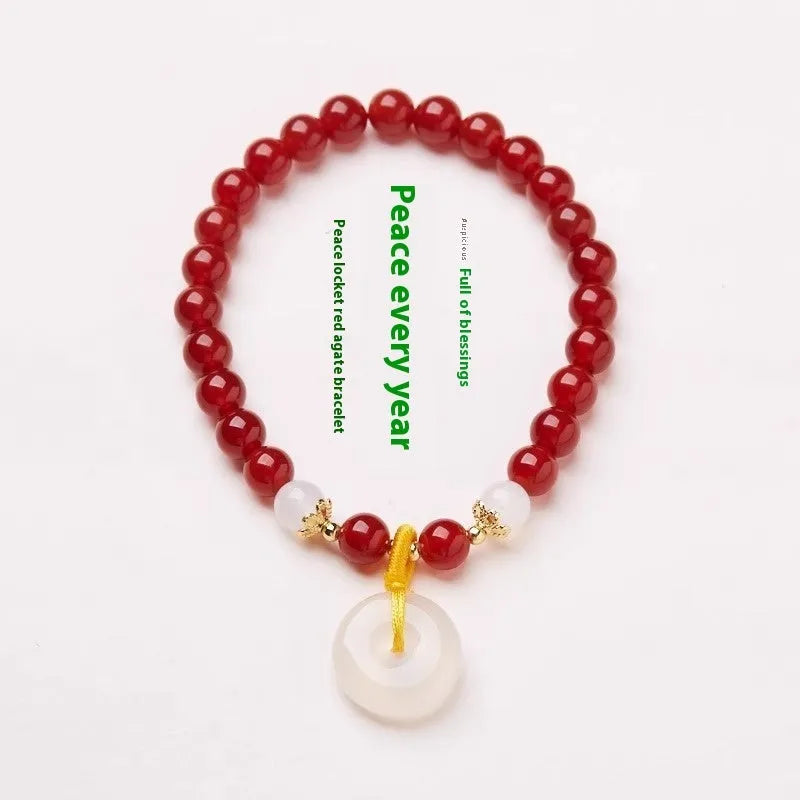 Handmade natural jinsi jade and red agate bracelet with safety buckle, Chinese style.