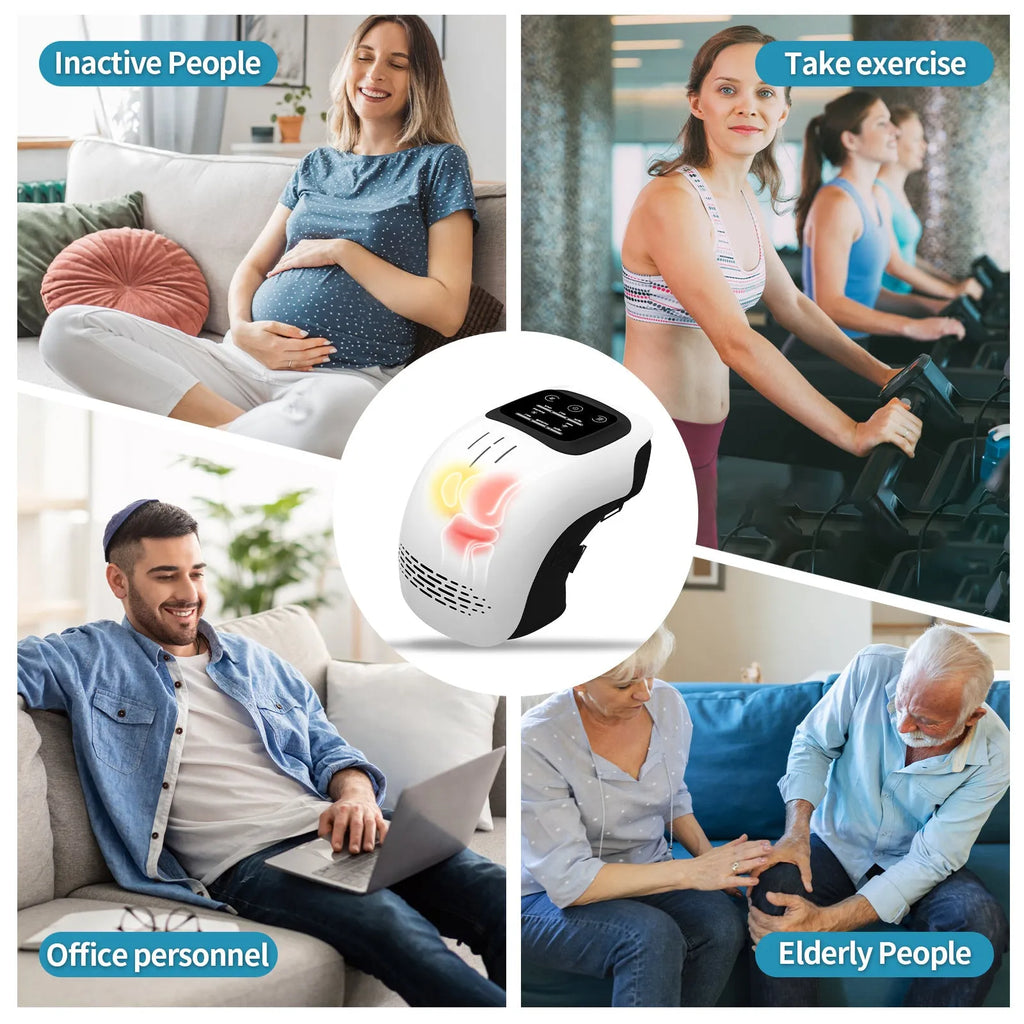 White rechargeable electric knee massager with infrared laser and heating for pain relief.