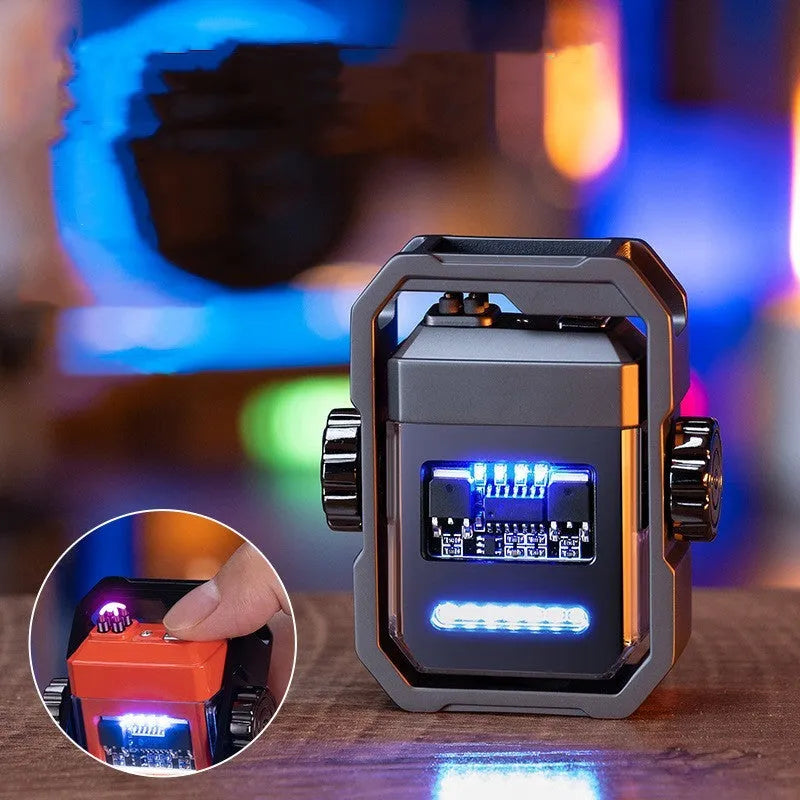 Zinc alloy windproof double arc electric lighter with folding body and rotary gyroscope in five colours blue orange black nickel