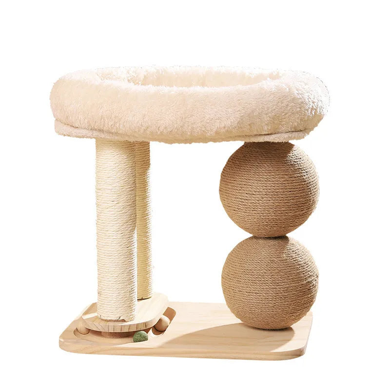 Solid pine wood cat house with two sisal rope scratching posts and a large enclosed sleeping compartment