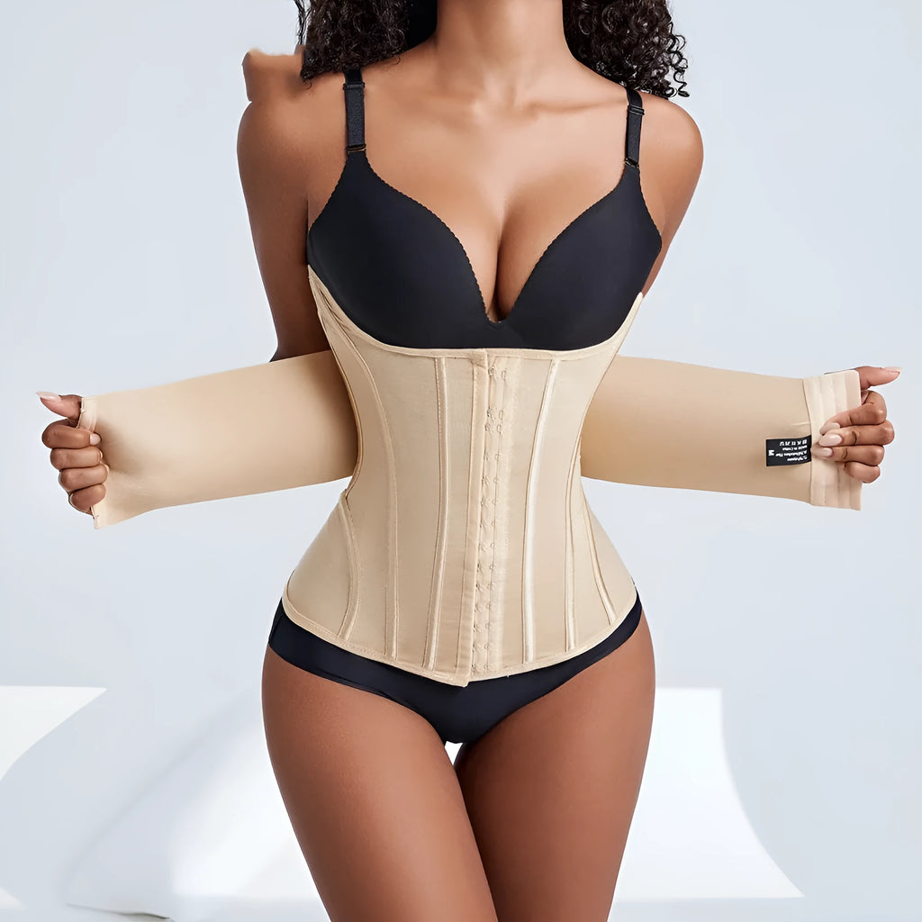 Nylon belly band waist trainer for tummy control and postpartum support, shown in black.