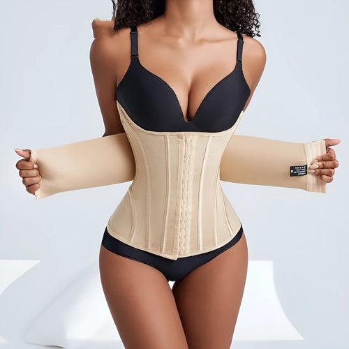 Nylon belly band waist trainer for tummy control and postpartum support, shown in black.