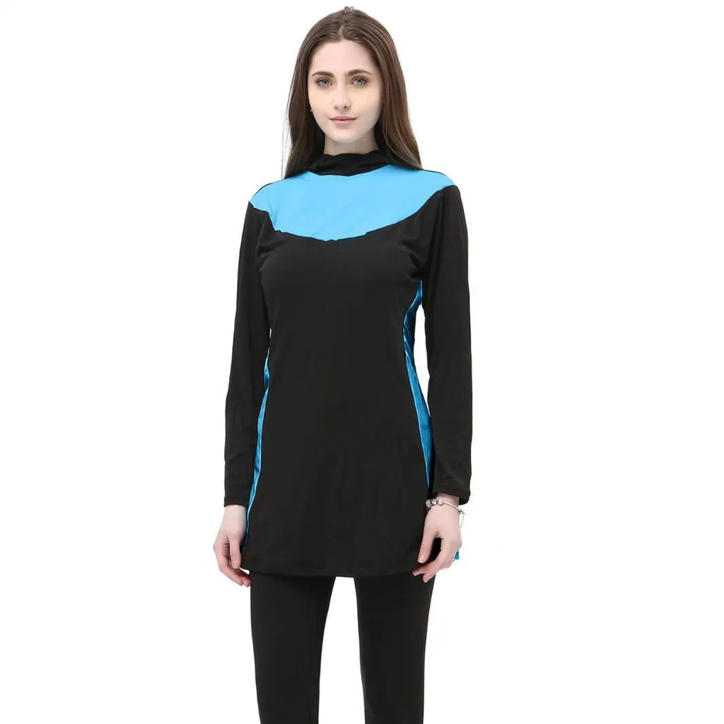 Women's black long sleeve hooded swimsuit with rose red trim, shown as a two-piece set for swimming.