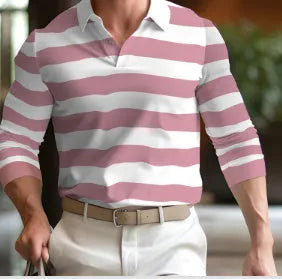 Men's loose fit long sleeve polo shirt with design buttons on placket
