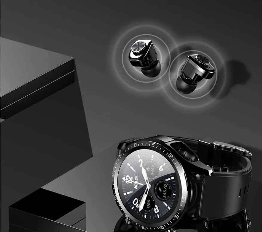 Black smart watch with blood pressure monitoring on a silicone strap, showing a 1.28-inch screen.