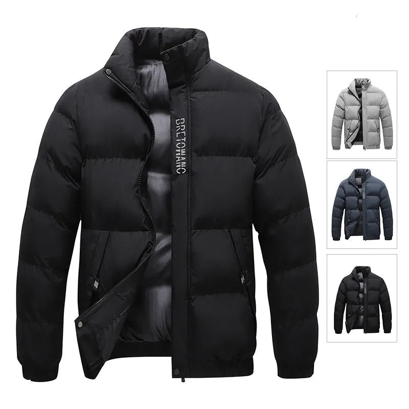 Winter men's warm padded down jacket, cotton filling, loose fit, solid colour, black, with side pockets