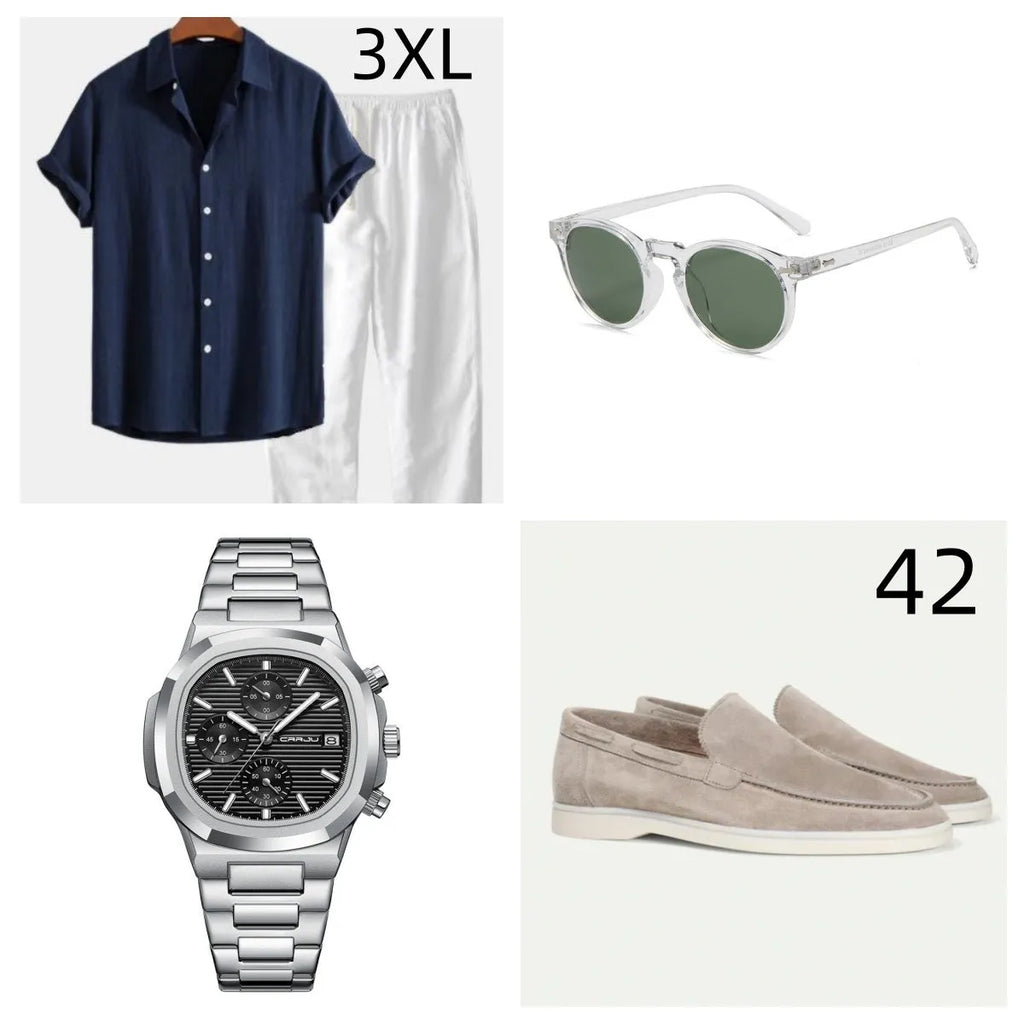 A loose-fitting short sleeve shirt and shorts suit set in a cotton linen blend, shown in navy blue colour.