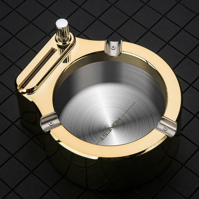 Large blue metal ashtray with integrated sliding stick permanent match lighter and three cigarette slots.