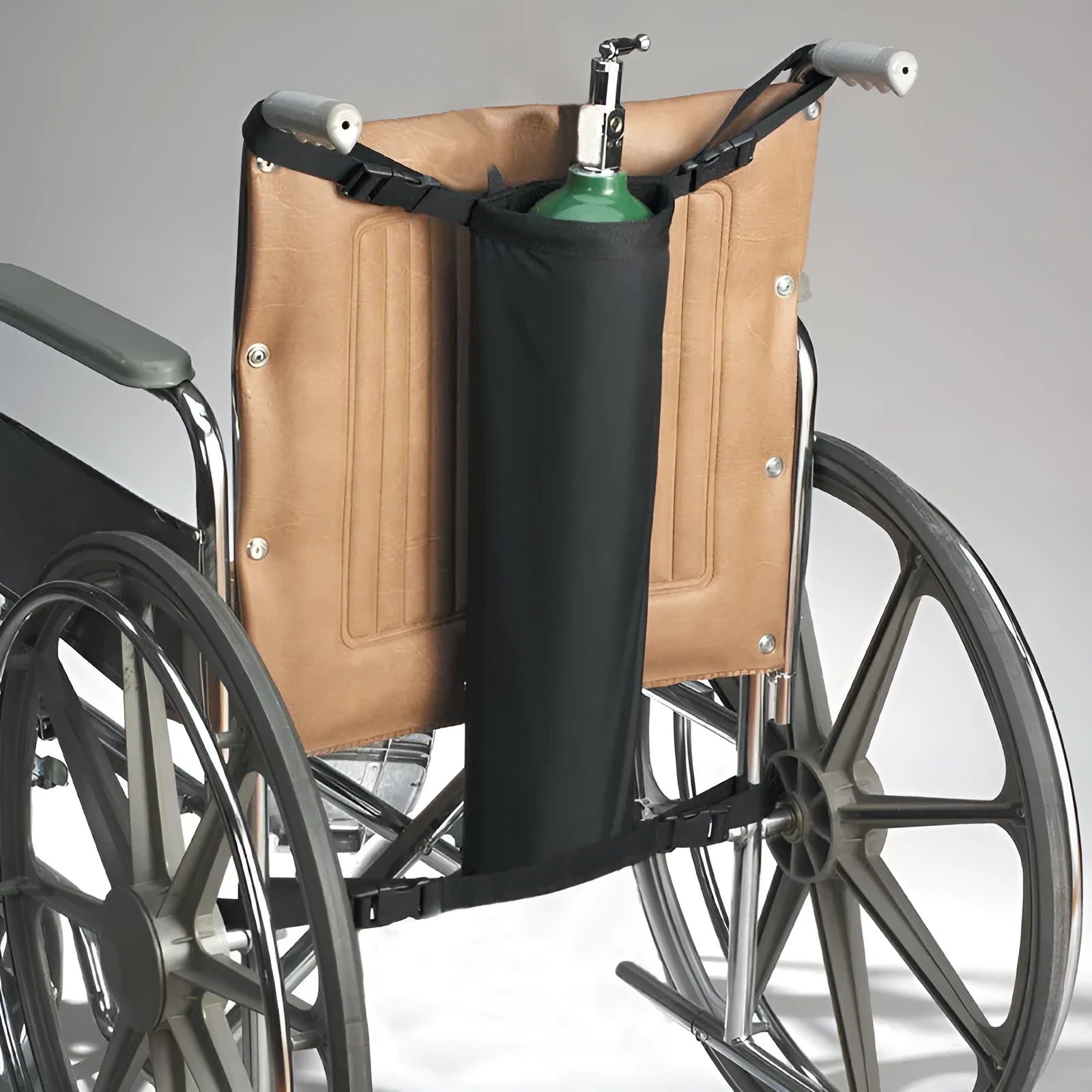 Black cylindrical wheelchair pannier bag made from 600D Oxford cloth for oxygen cylinder transport.