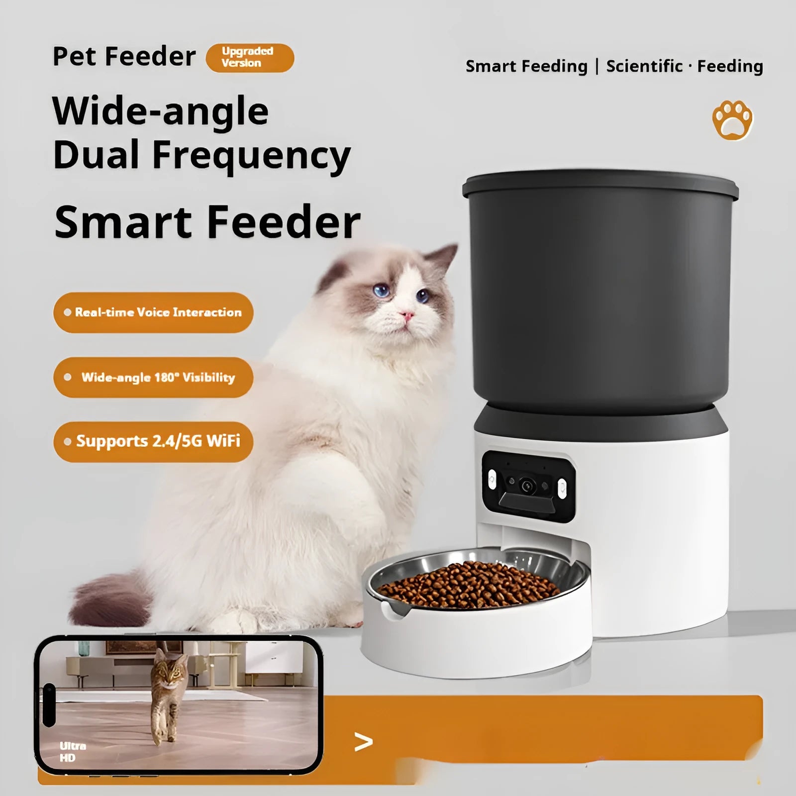 4L smart pet feeder with WiFi control and stainless steel bowl option