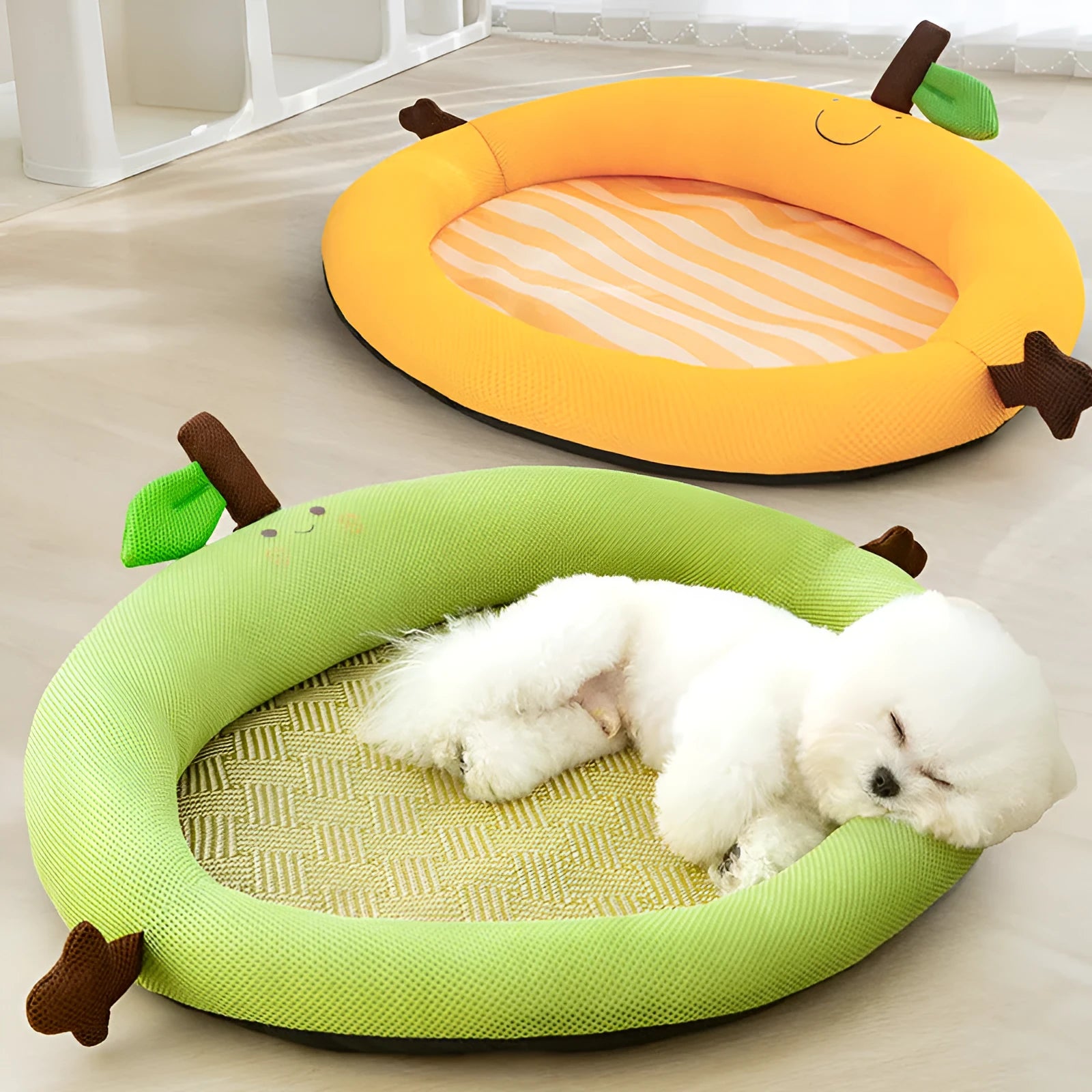 Green fruit-shaped pet nest mat with raised backrest for a cat or small dog.