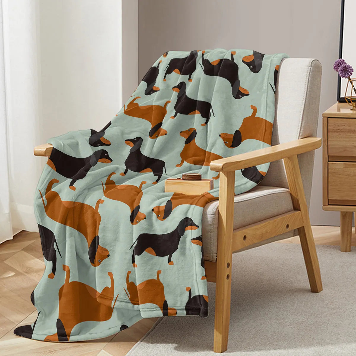 Flannel sausage printed blanket with cute pet theme in green, 75x100cm throw size