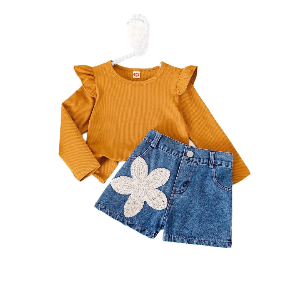 Girls flower embroidered khaki cotton denim shorts set with long-sleeve top for height 90-130cm