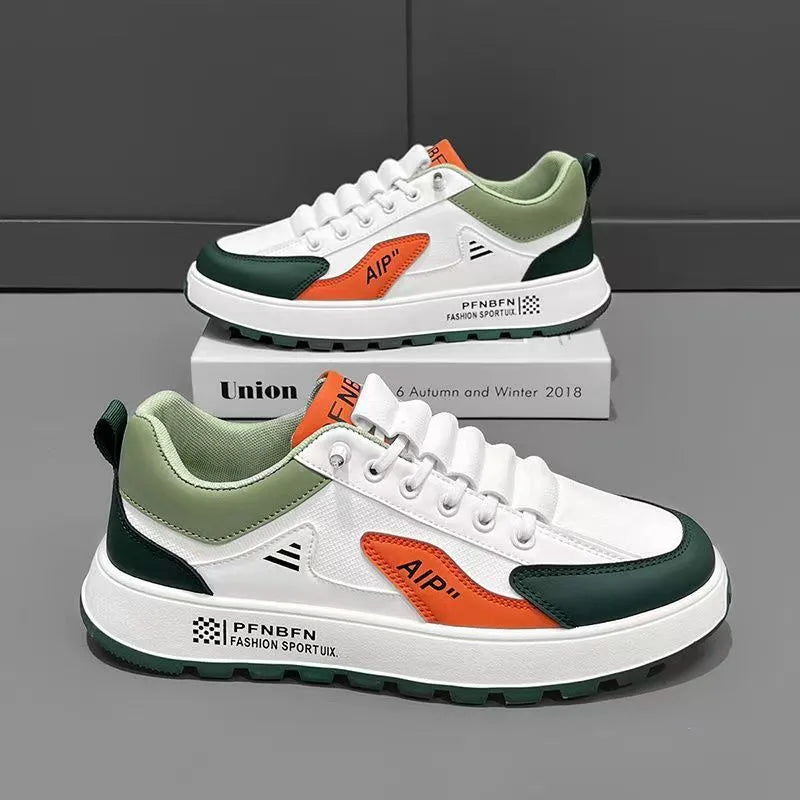 Men's white and orange casual sports shoes with round toe and PU upper
