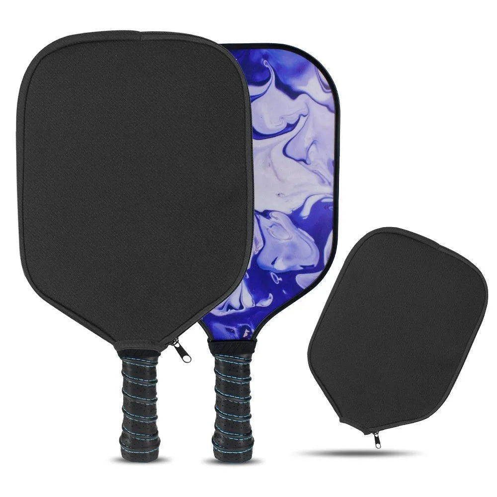 Black neoprene protective sleeve for a table tennis racket on a plain background