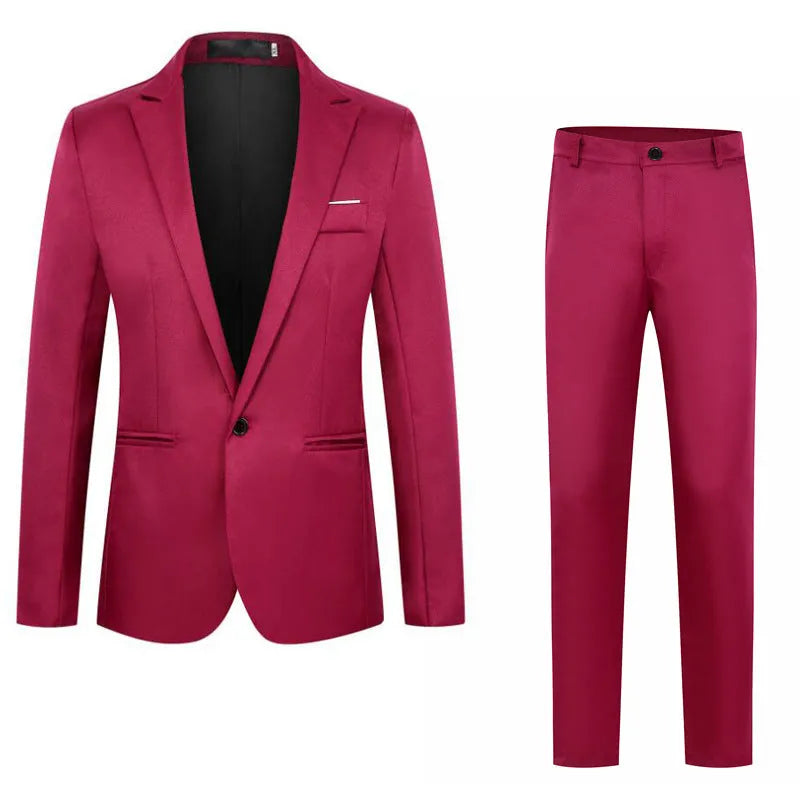 Men's loose-fit wedding suit jacket in various colours including black, blue, grey, and wine red.