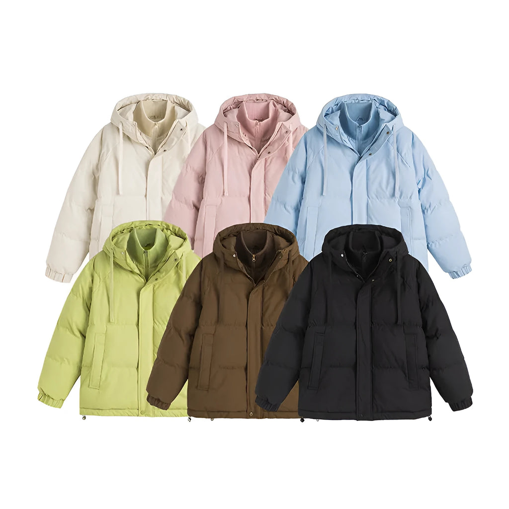 Loose two-piece padded winter coat in a cardigan style with side pockets.