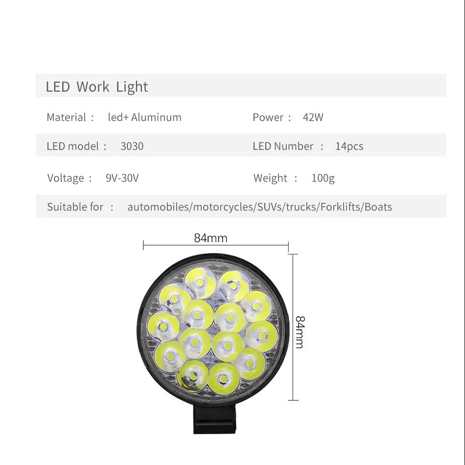 Compact round aluminium car LED work light with IP67 waterproof rating and 6000K white light output.