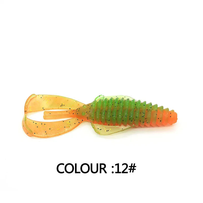 PVC fishing soft bait lure showing two size options: 8cm and 12cm versions in multiple colour patterns
