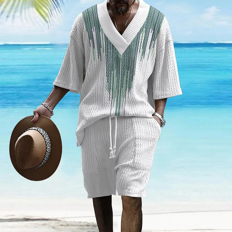 Men's knitted drop-shoulder short-sleeve top and matching shorts suit set on a mannequin.