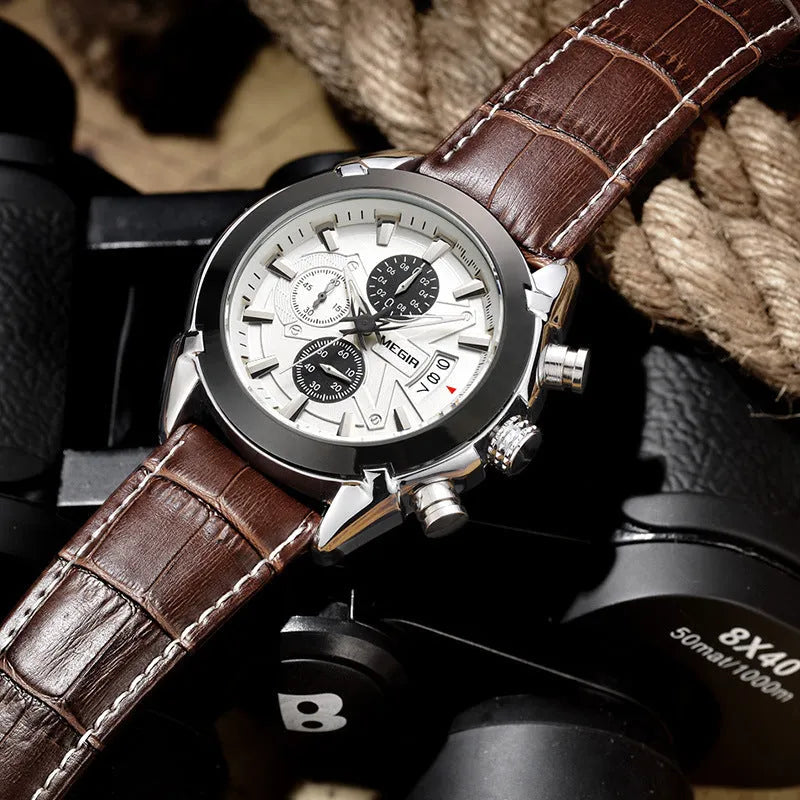 Men's multifunctional quartz chronograph watch with three subdials on a black or brown dial.