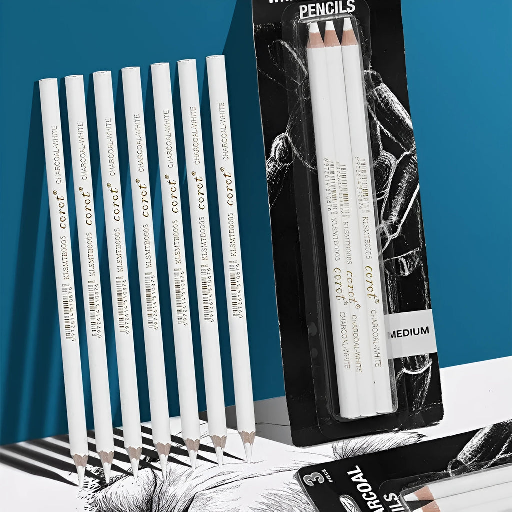 Set of three white charcoal highlighting pencils with wooden casings for sketching.