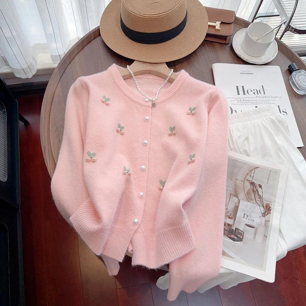 French cashmere cardigan coat with beaded round neck decoration in multiple colour options