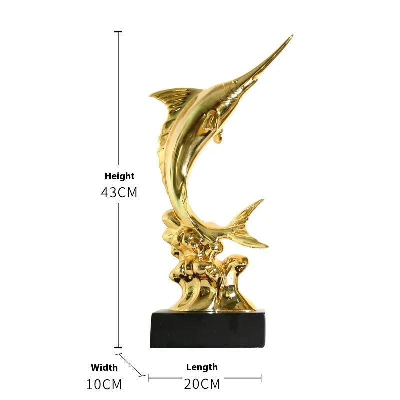 European-style resin swordfish decorative ornament in a choice of four colours on a shelf.