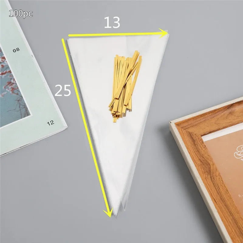 Clear triangle-shaped plastic packaging bag with a silver tie wire, showing three size options.
