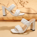 Women's apricot square toe flip flops with woven twisted PU upper and chunky rubber sole.