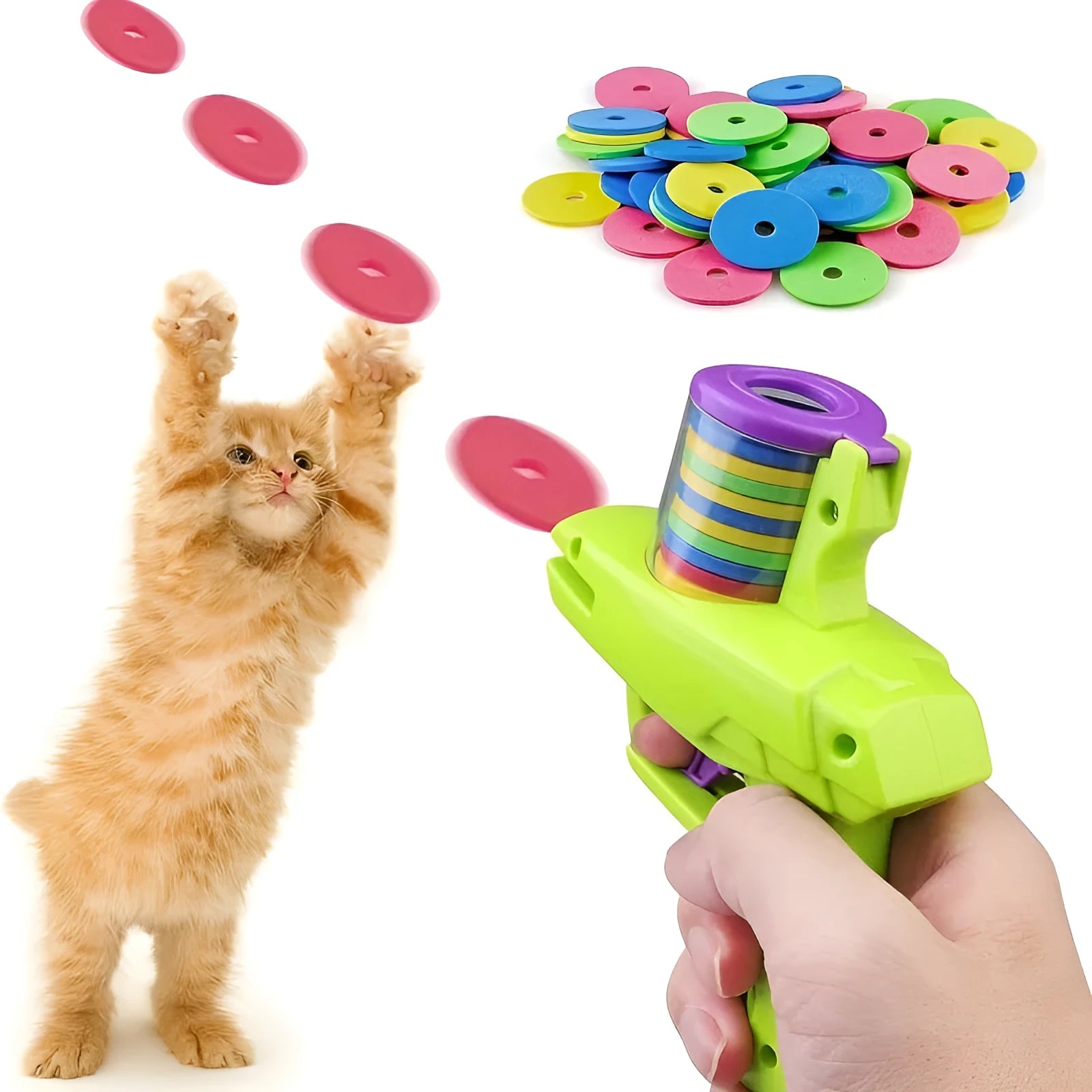 Green and purple durable plastic cat toy launcher with foam discs for battery-free interactive play