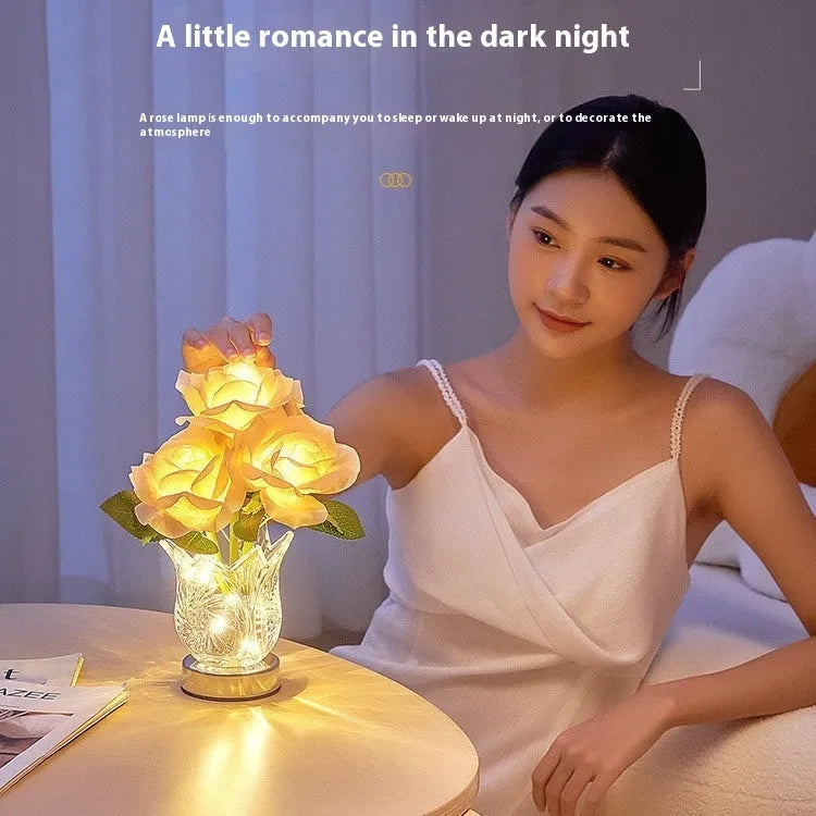Modern crystal flowers table lamp with touch dimming control on wooden bedside table