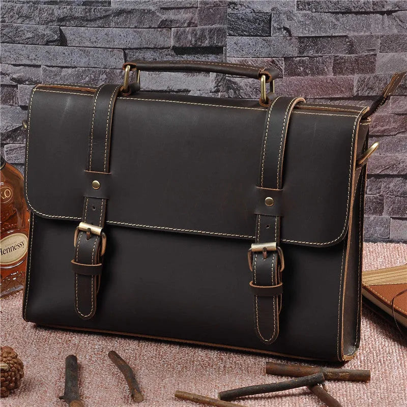 Men's genuine cowhide crazy horse leather handbag, dark brown, 13 inch, with lock closure and plain retro design