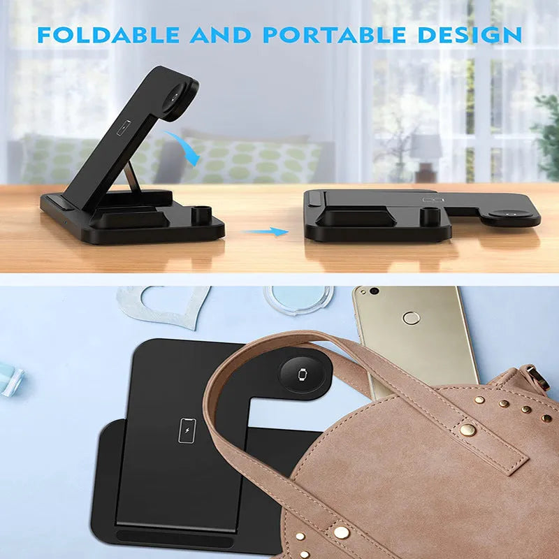 Black four-in-one wireless charging station with QC3.0 fast charging head for multiple mobile devices