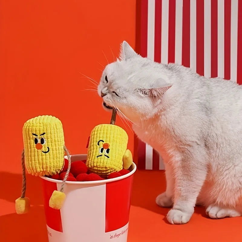Polio wood corn cob shaped cat toy with catnip for dental cleaning, shown in Boxer and Coach designs.