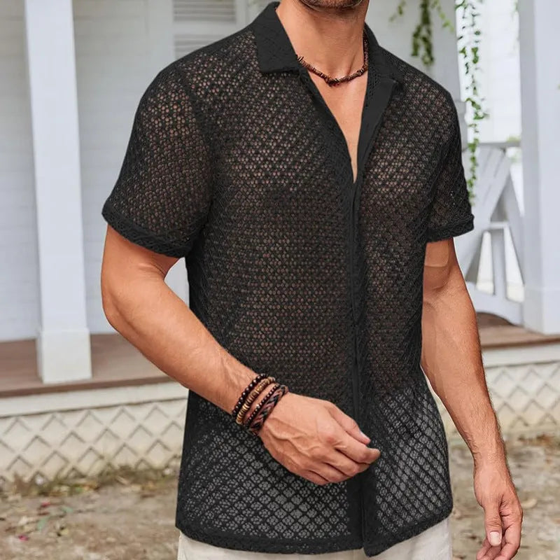 Men's cotton blend mesh short sleeve lapel shirt in beige colour