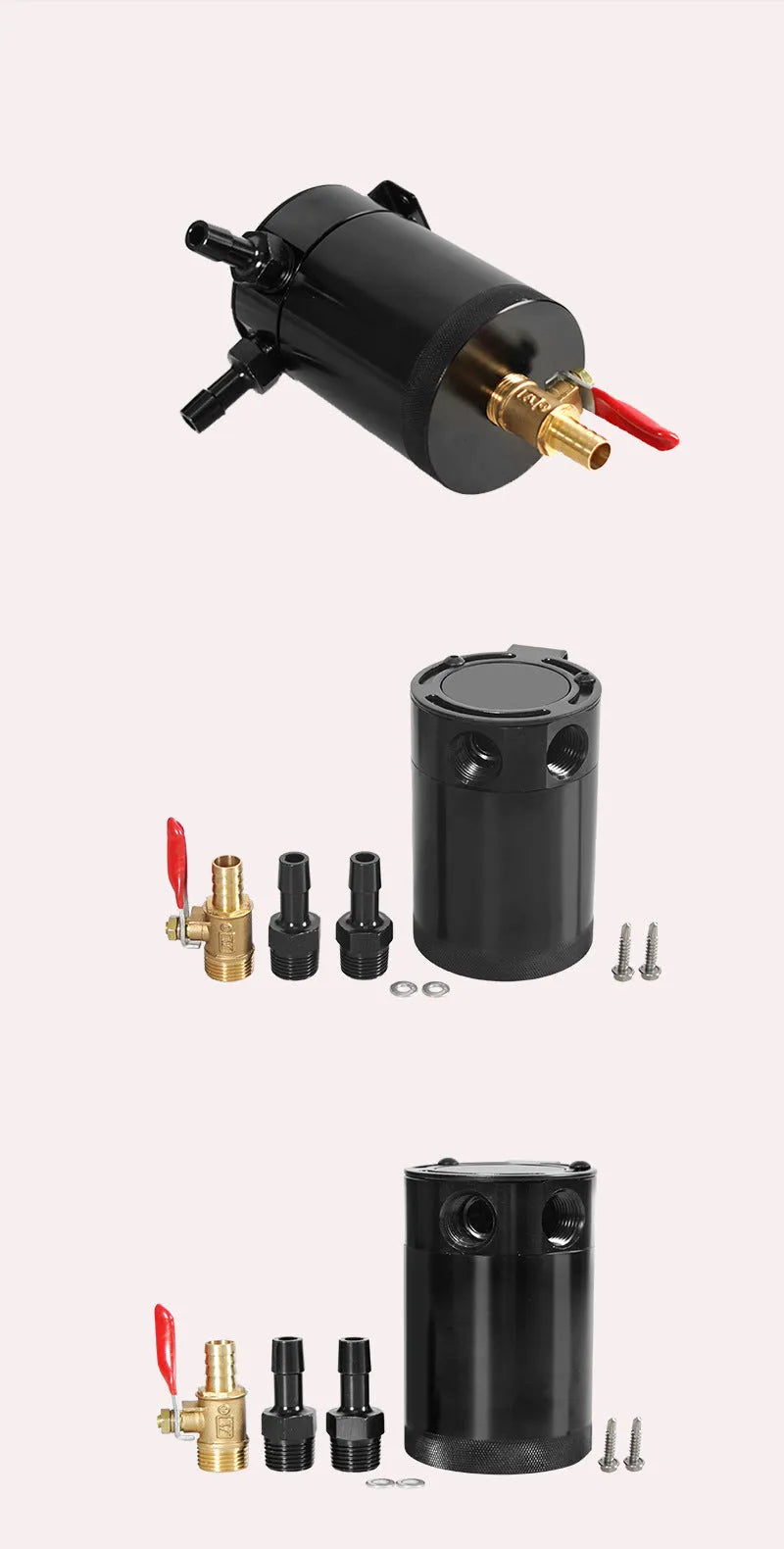Black aluminium two-hole automotive oil pot with connectors and mounting hardware