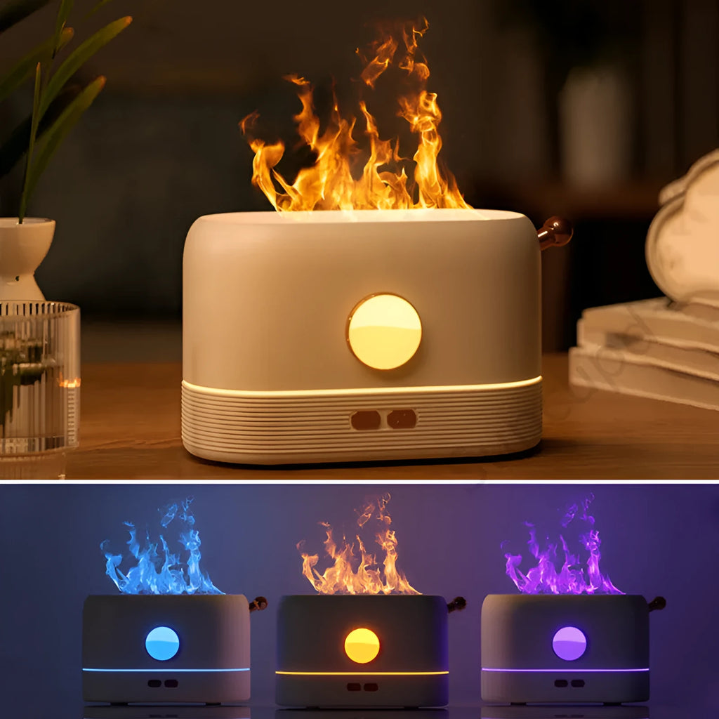 Black USB humidifier with simulated flame effect on a wooden desk.
