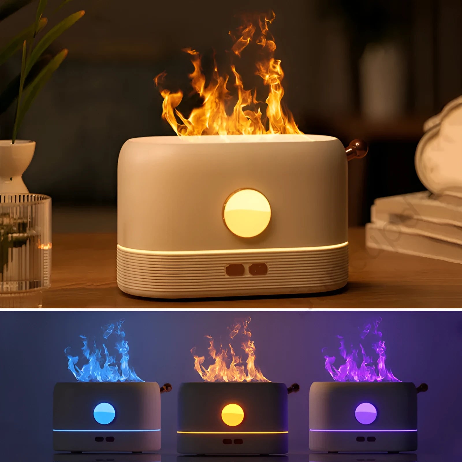 Black USB humidifier with simulated flame effect on a wooden desk.