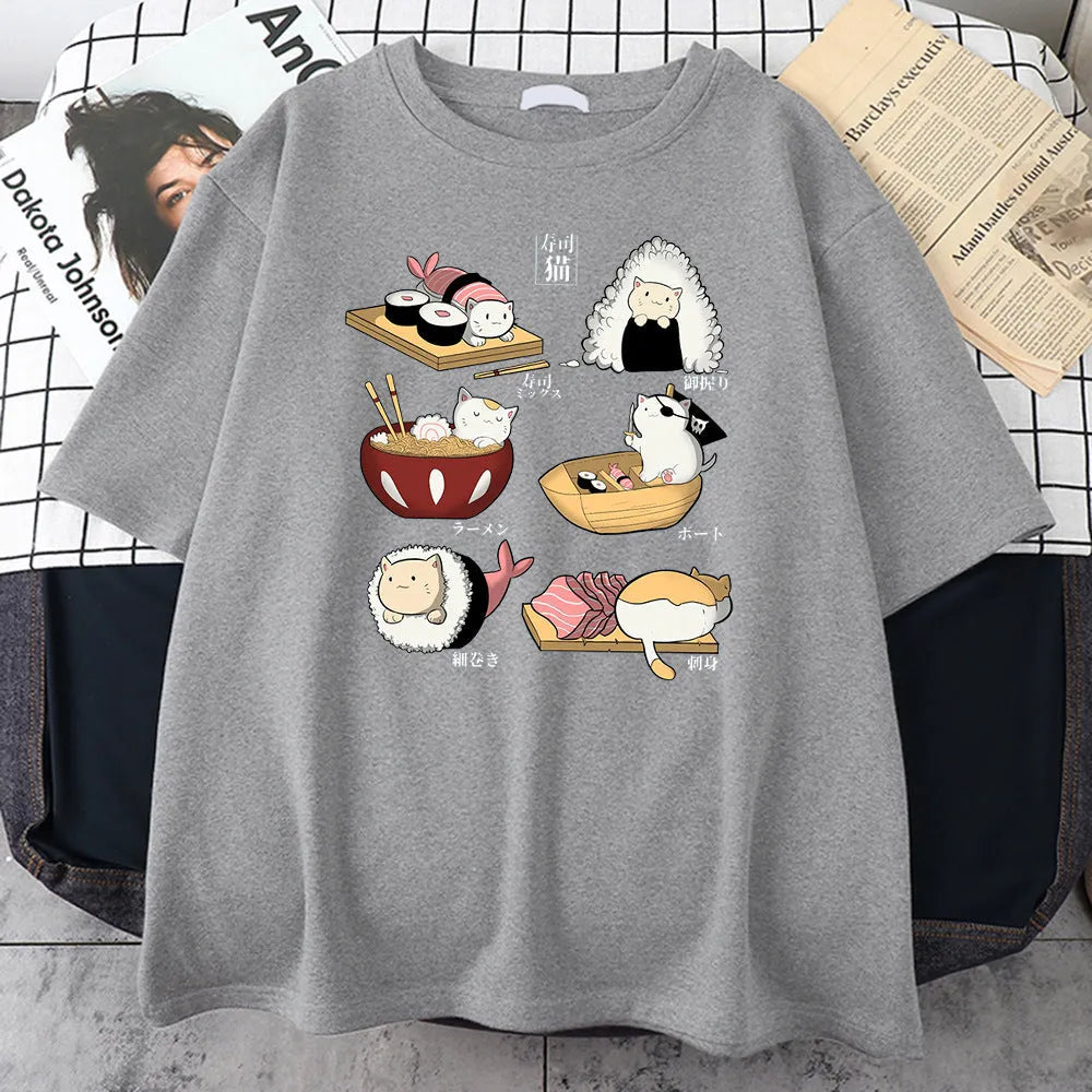 Mens black cotton t-shirt with a cartoon print of a cat dressed as sushi on a loose fit short sleeve.