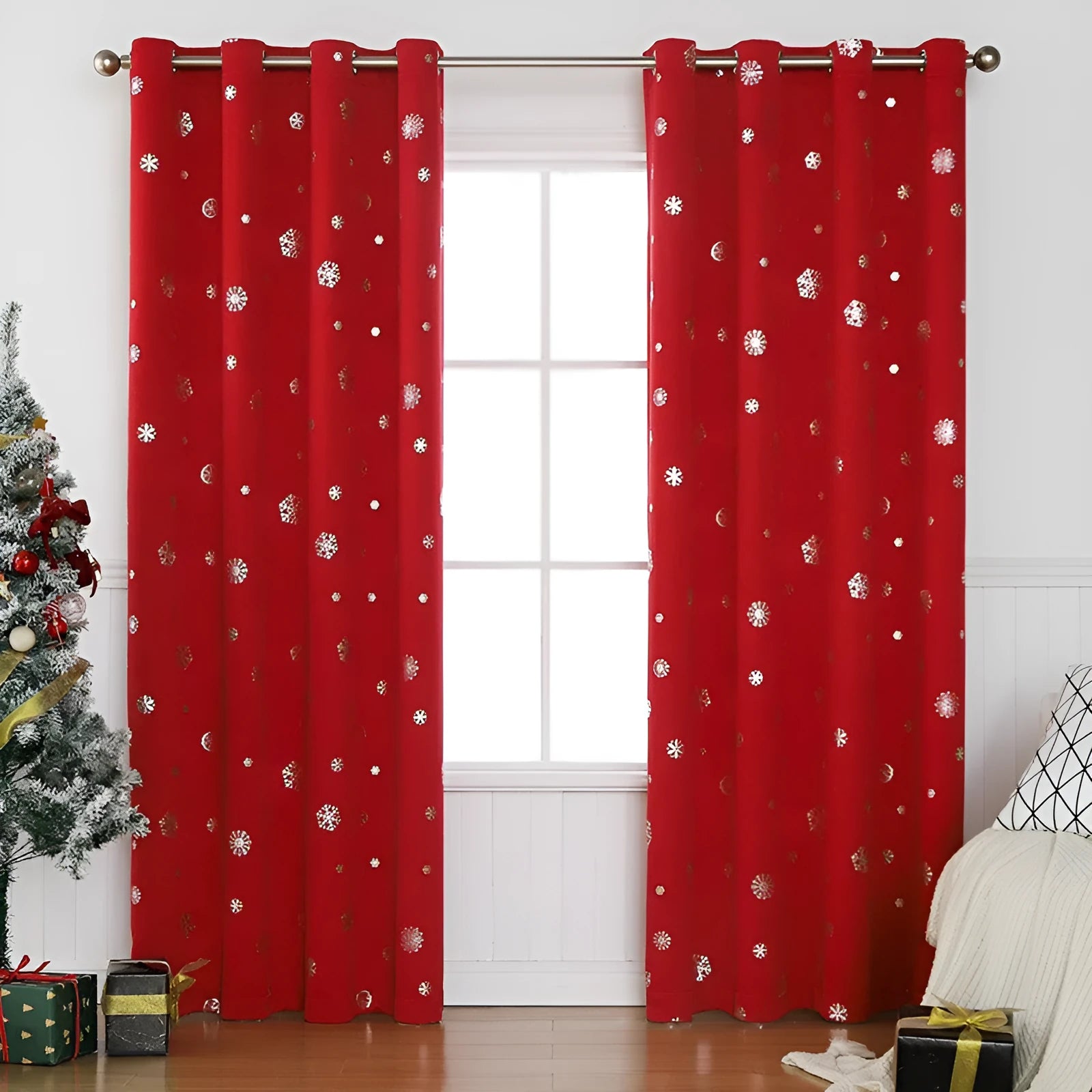 Red or green snowflake pattern shade cloth curtain with coordinating lace loops and iron hoops