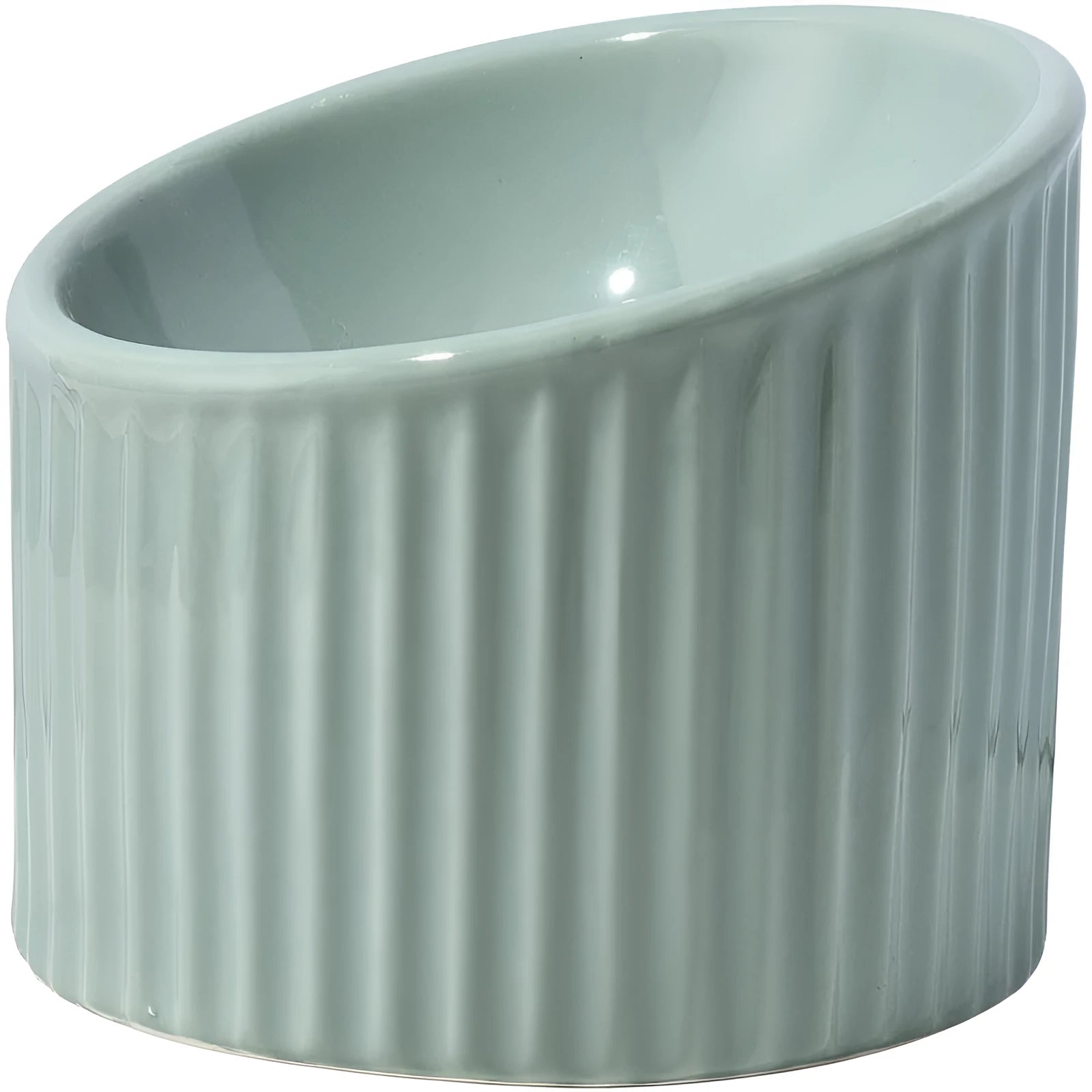 Elevated ceramic cat bowl in light green, showing tilted design and round whisker-friendly shape