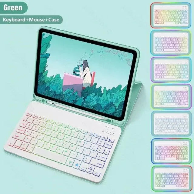 iPad in a colourful TPU leather case with a built-in RGB backlit Bluetooth keyboard and a flip-out stand.