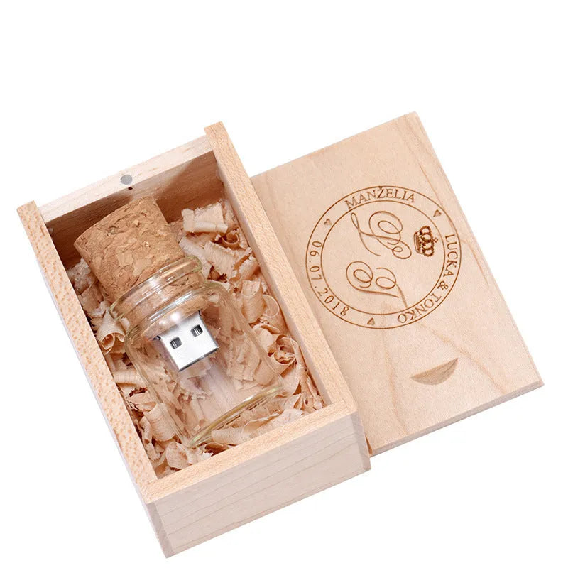 Chocolate brown wooden USB flash drive disk with personalised text engraving, shown with USB connector.