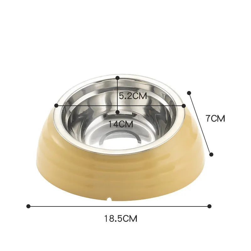 Stainless steel cat bowl in beige plastic base feeding station for pets