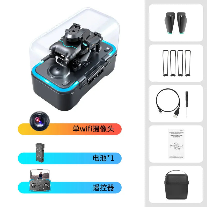 Black four-axis mini drone with cameras, showing obstacle avoidance sensors and compact plastic body.
