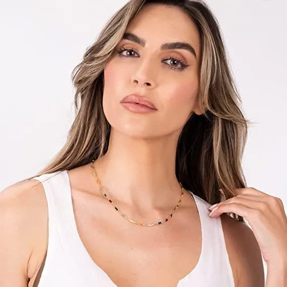 Geometric ladies alloy necklace with a random colour glaze centrepiece on a matching chain