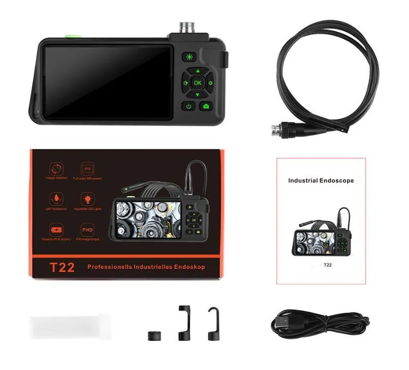 Portable industrial endoscope with 4.5-inch colour screen and 5.5mm dual lens probe