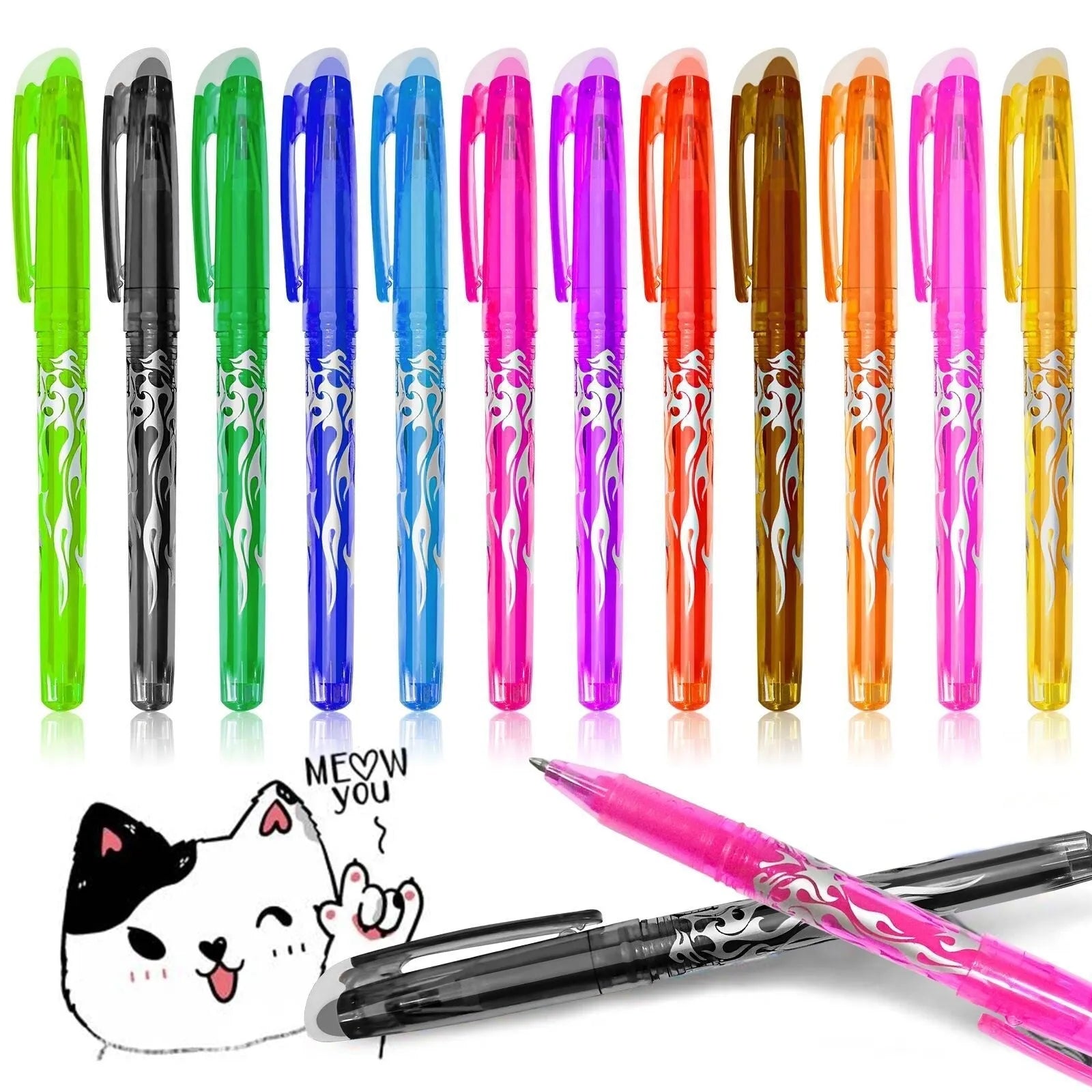 Heat-erasable gel pens with plastic shells and stainless steel nibs in 0.5mm or 0.7mm sizes