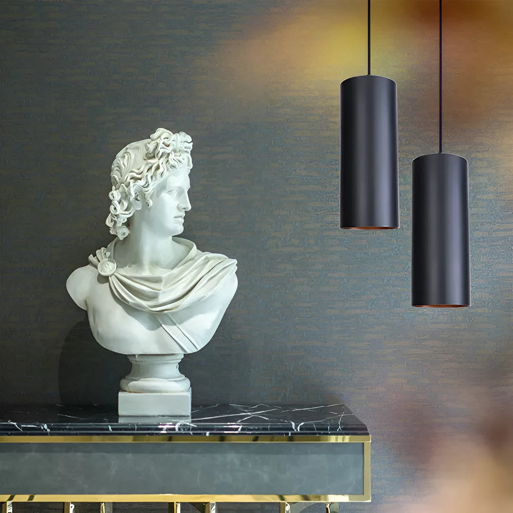 Retro industrial chandelier with black iron cage design, shown in long and short body versions.